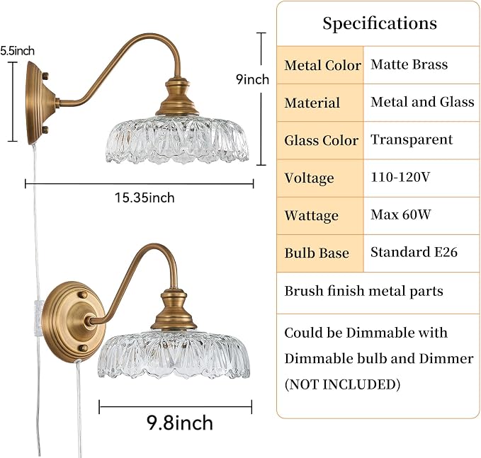 HDDFL Vintage Plug in Wall Scone Bedside Wall Lamp Plug Corded Matte Brass Bedroom Light Fixtures in Door Lighting Fixture for Living Room Hallway Corridor