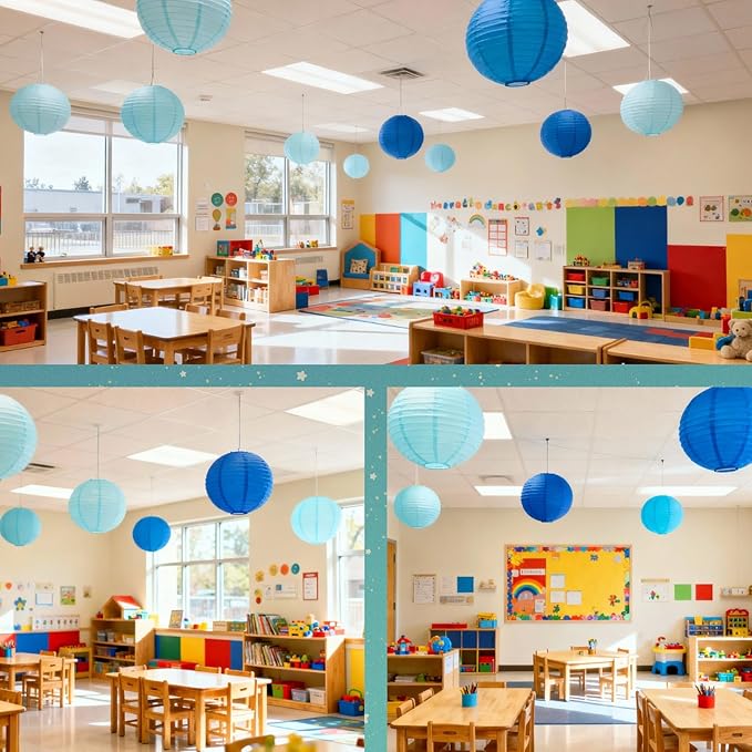 Chinese Paper Lanterns for Birthday Party Decorations – Hanging Rainbow Lanterns for Ceiling Decor, Classroom, Wedding, and Home Party – Pack of 18,Blue/Royal Blue(8/10/12-Inch)