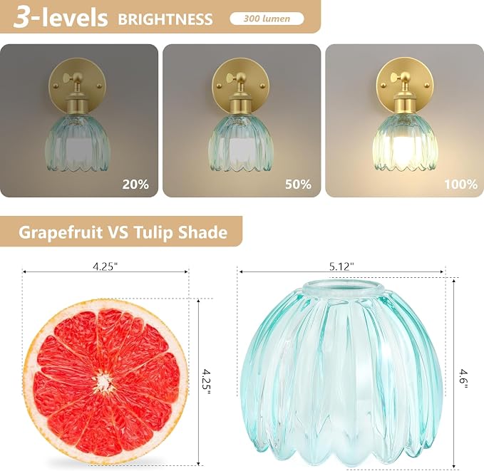 Vintage Battery Operated Wall Sconce, Sky Blue Tulip Glass Lampshade Wireless Rechargeable Battery Powered LED Wall Light with Remote Dimmable for Bedside Bedroom Doorway Living Room, Set of 2