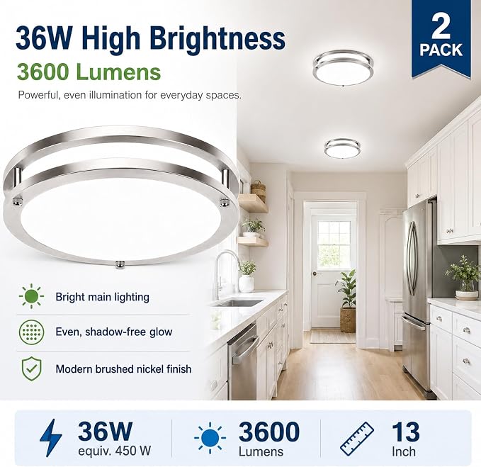 13in 36W Dimmable LED Ceiling Lights, 2-Pack 3600lm Super Bright Energy-Efficient Flush Mount Light Fixture, 2700K-6500K 5CCT Adjustable Modern Lamp for Bathroom Bedroom Kitchen Hallway Brushed Nickel