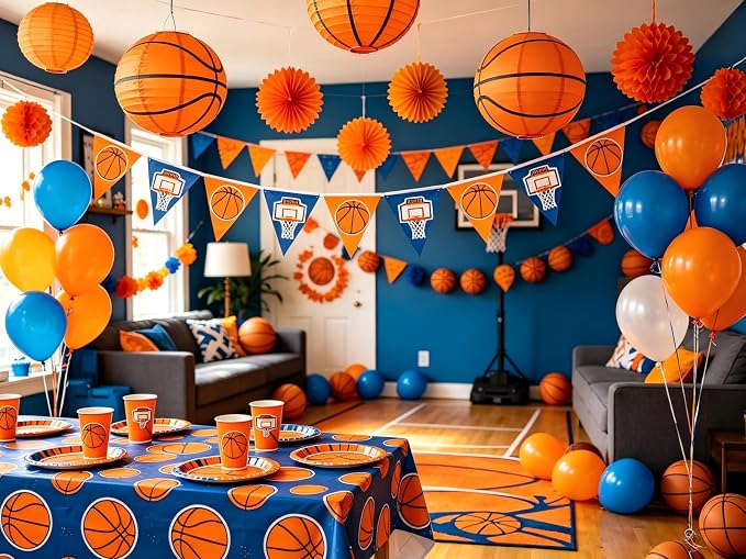ZOOYOO Basketball Paper Lanterns, 8 Pack Sports Themed Hanging Lanterns for Basketball Birthday Party, March Madness Decorations, Classroom and Nursery Decor, 8 and 10 Inch Round Orange Lanterns