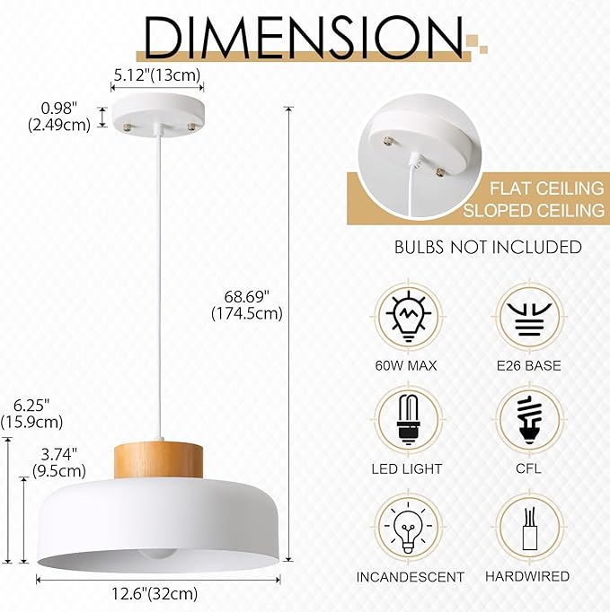 Modern Pendant Light,12.6 inch,Real Wood Cap,Small Pendant Lighting for Kitchen Island,Dining Room,Matte White