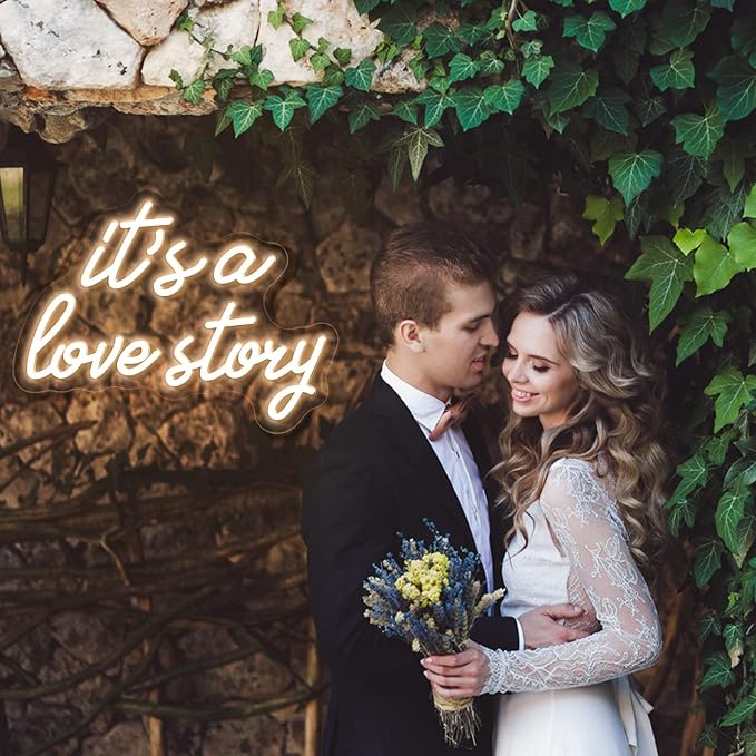 Its a Love Story Neon Sign, Warm White USB Led Light Up Signs for Bedroom Aesthetic Birthday Wedding Party Gift Boyfriend Girlfriend Lover Women Men Room Bathroom Decoration Gift, 15.7 x 11.8 Inch