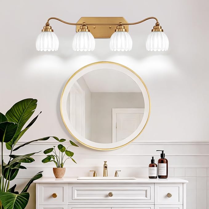 4 Light Gold Vintage Vanity Lights, Antique Brass Finish | Milk White Tulip Crystal Shades,Brushed Gold Bathroom Light Fixtures, Wall Sconce Ideal for Bedroom,Hallway,Easy to Install