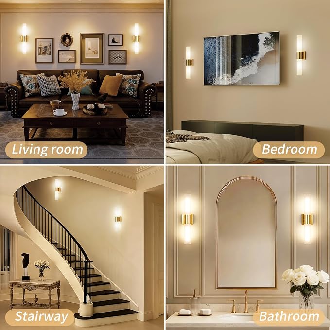 Wall Sconces Set of Two, Modern 21" Vanity, Frosted Glass, Gold | Indoor Wall Light Fixture. For Bathroom, Mirror, Bedroom, Living Room, Hallway. Mounting Hardware Included. Easy To Install.