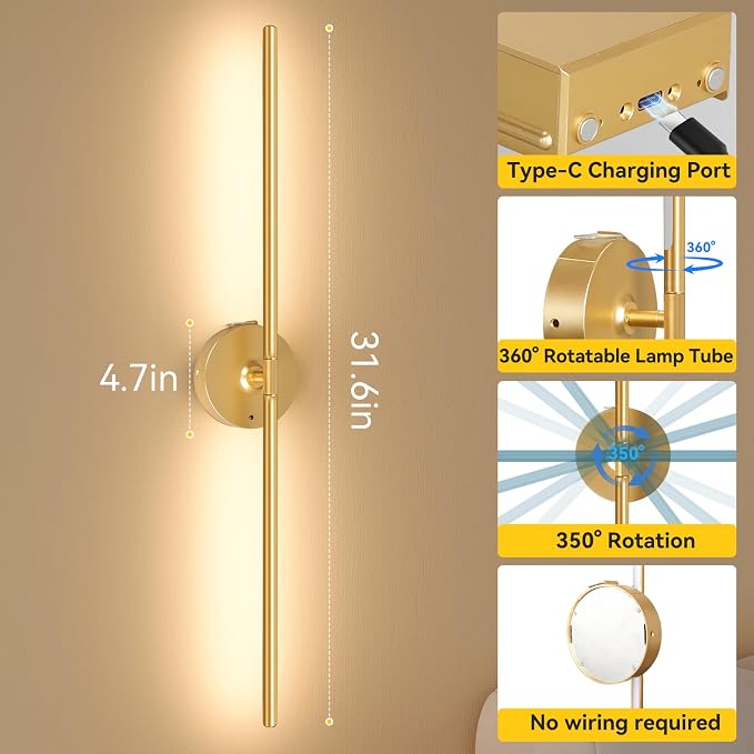 Battery Operated Wall Sconces Set of 2, 8000mAh Wireless Rechargeable 3000-6000K Dimmable 350° Rotate Wall Light with Remote for Living Room, Bedroom 31.6in Gold
