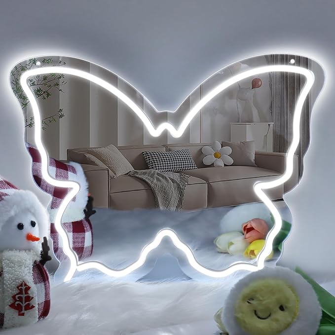 Butterfly Neon Sign Mirror, LED Neon Sign for Wall Decor, 15.7'' x 12'' Dimmable Neon Light for Teen Girls & Kids Birthday Gift, Neon Signs for Room Decor, Wall Mirror, USB Powered (Daylight White)
