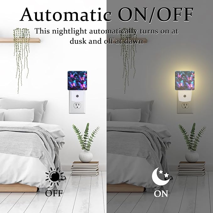 Glowing Purple Butterflies Night Light Plug into Wall, Neon Butterfly Dusk to Dawn Night Light,0.5w Energy Saving Sleep Friendly Nightlights for Kids Boys Girls Home Decor