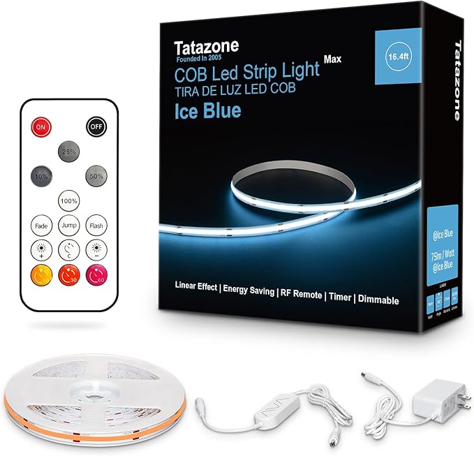 16.4ft Ice Blue COB Led Strip Lights with RF Remote, Dimmable Bright Adhesive Indoor Led COB Light Strip for Cabinet, Painting, Room, Bed