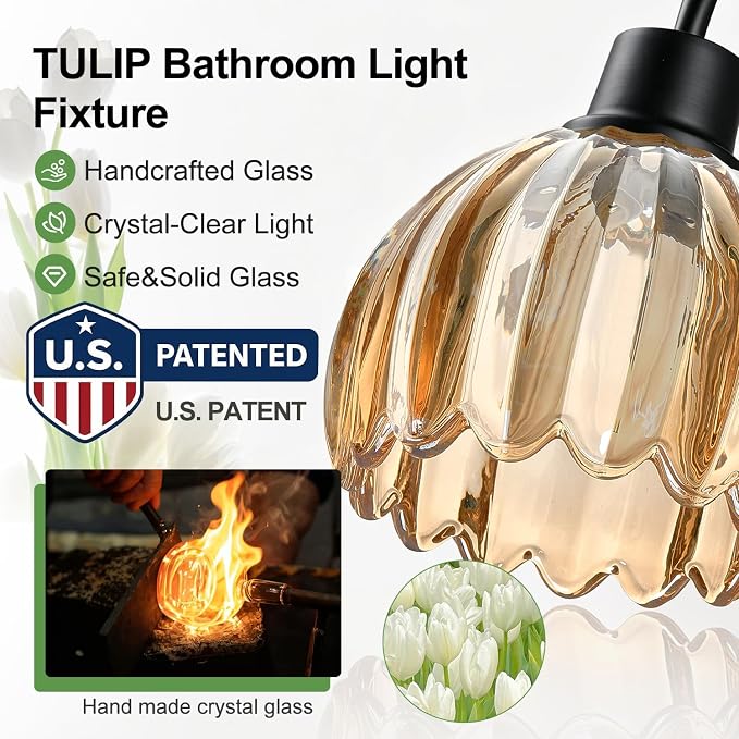 Bathroom Light Fixtures, 3-Light Black Vanity Light with Ribbed Amber Tulip Glass Shades, 20-Inch Bathroom Lighting Over Mirror for Bedroom, Living Room, Hallway (Bulbs Not Included)