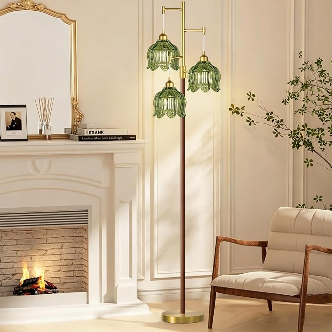 ZECOXOL Wood Floor Lamps for Living Room Bedroom-Rustic Glass Floor Lamp with Three Led Bulb, Modern Mid Century Standing Lamp Brass Vintage Tall Lamp Gold Tree Floor Lamp for Bedroom Corner