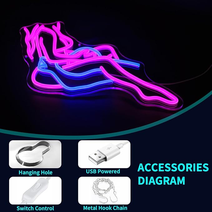 Lady Neon Sign, JGHTURIE Neon Signs for Wall Decor, Pink & Blue Light Up Signs for Room Decor Bar Led Sign for Man Cave, Party, Office, Art Decoration, USB Powered