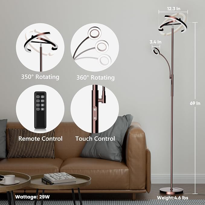 2-in-1 Brown LED Floor Lamp - 69" Dimmable Torchiere Standing Lamp with Remote Touch Control, 29W Bright Modern Floor Reading Lamp Pole Light for Living Room Bedroom Office Corner