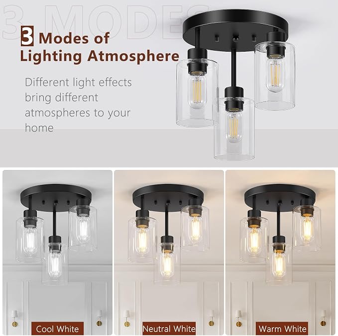 Farmhouse Flush Mount Ceiling Light, Black 3-Light Hallway Light Fixtures Ceiling with Clear Glass Shades, Light Fixtures Ceiling Mount for Kitchen Living Room Foyer, E26 Base