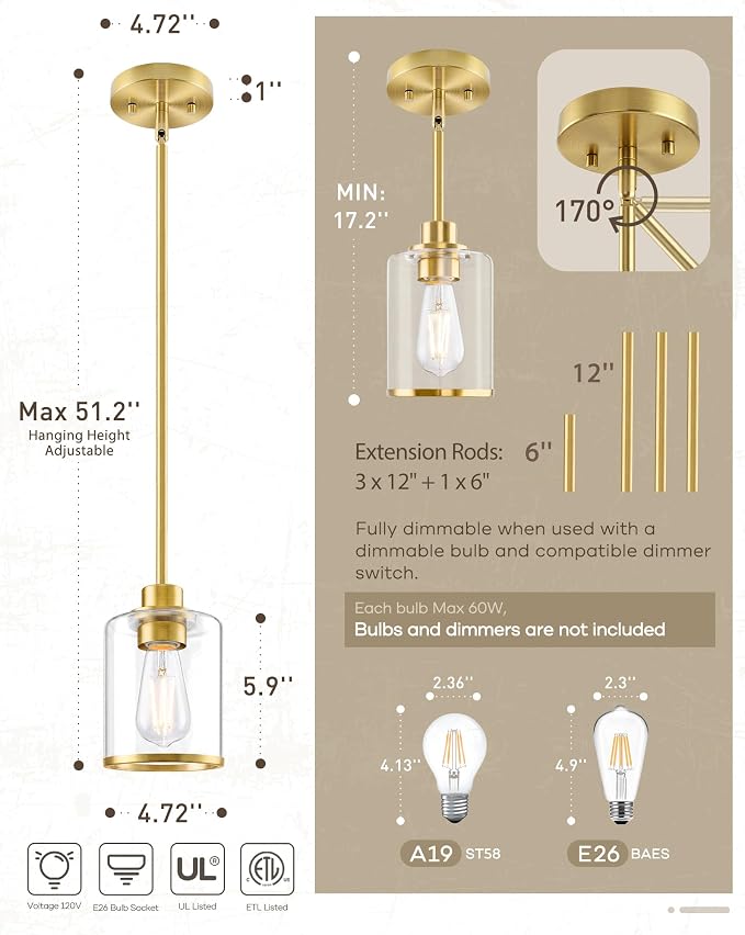 Beionxii 3Pack Pendant Lights Kitchen Island,Brass Kitchen Pendant Lighting | Farmhouse Gold Pendant Lighting with Clear Glass Shade,Mini Hanging Light Over Island for Dining Room Sink,BX-PL02BG-CG-3PK