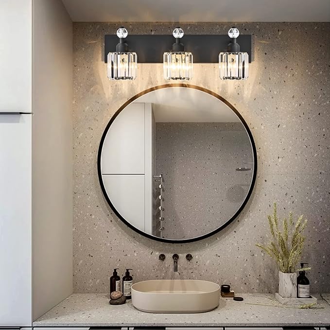 PRESDE Crystal 3 Light Bathroom Vanity Lights Modern Matte Black Bathroom Lights Fixtures Over Mirror Wall Lamp for Bath Bedroom Hallway