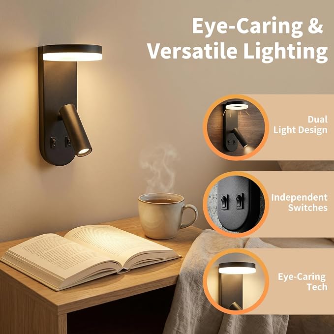 Wall Mounted Reading Lights, 350° Adjustable Bedside Lamps Set of 2 | Independent Switch , Hardwired Installation LED Wall Sconces for Bedroom, Living Room, Study Room (Black, 8.6" x 6" x 4.35")
