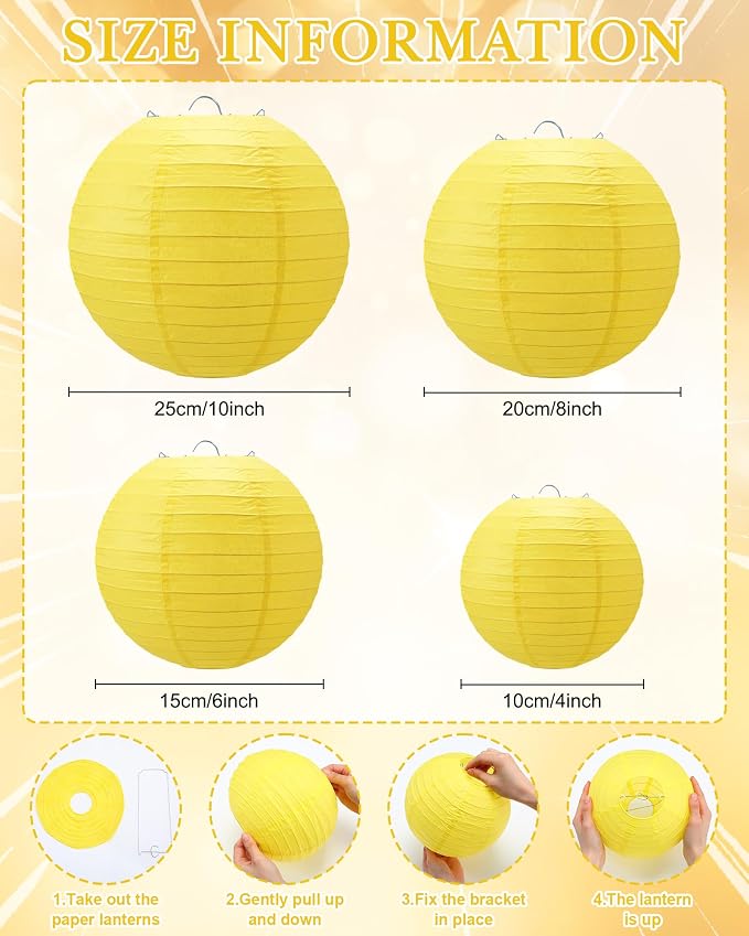 Treela 48 Pcs Paper Lanterns Party Decorations Round,Yellow | Chinese Hanging Lamps, Wedding, Party Supplies, Birthday Bridal, 4/6/8/10 Inch, Easy Setup, Asian Decor, Festive Atmosphere