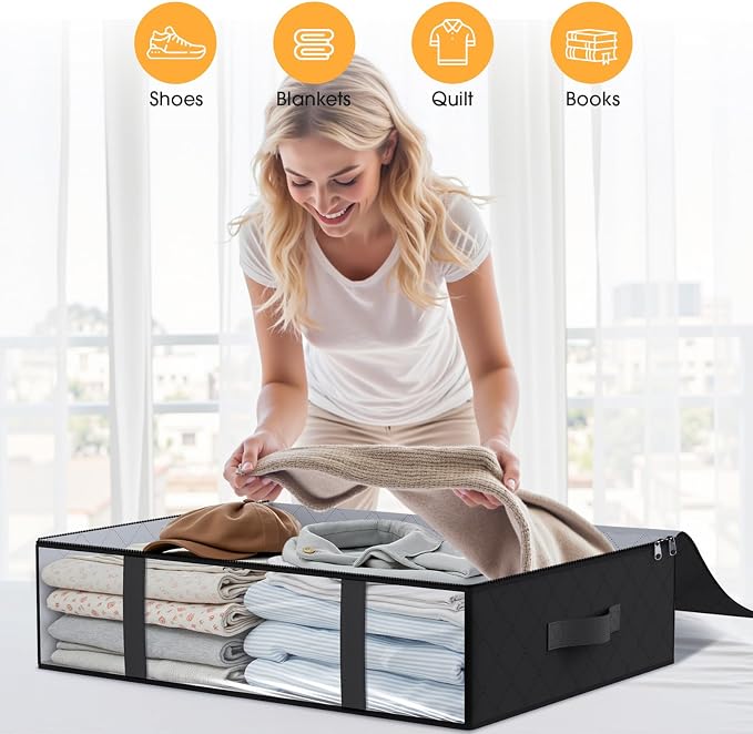 StorageRight Under Bed Storage Bags 4 Pack, 40L Large Clothes & Comforter Storage Containers with Clear Window, Breathable Fabric Organizer for Blankets, Bedding, Seasonal Clothing, Black