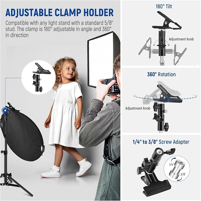 NEEWER 22"/56cm Light Reflector with Clamp & Hand Grips, 5 in 1 Collapsible Multi Disc Photography Reflector Translucent/Silver/Gold/White/Black with 3/8" Thread for Studio Outdoor Lighting, RF-56II | Polyester, Multi Disc Photography Diffuser, Translu...