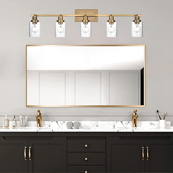 MELUCEE 5-Light Track Lighting Kit Brass with 5 Rotatable Light Heads | Semi Flush Mount Ceiling Light Fixture 37 Inch Modern Accent Lighting for Foyer Art Wall Kitchen, Clear Glass Shade