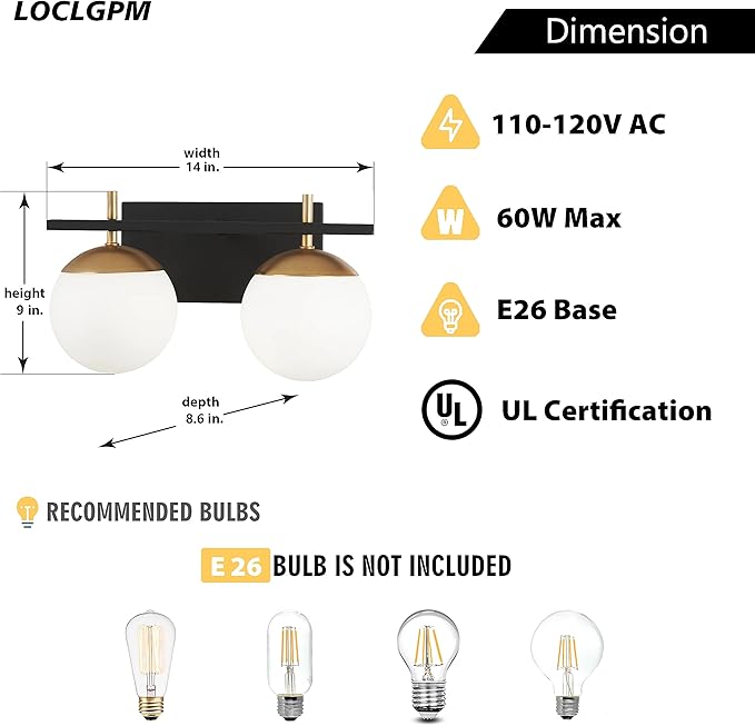 Mid Century 2-Light Bathroom Vanity Light Over Mirror, Black and Gold Modern Bathroom Light Fixtures with Milky White Frosted Glass Globe Shade, Wall Sconces for Bathroom, Stairs, Kitchen