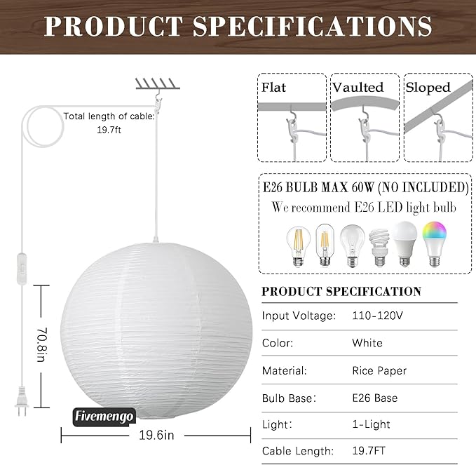 20in Paper Lanterns Plug in Hanging Lamp White, 19.7FT Cord | Rice Paper Lamp Lantern Pendant Light Large Globe Japanese Japandi Wabi Sabi Chandelier for Dining Living Room Bedroom 2 Pack