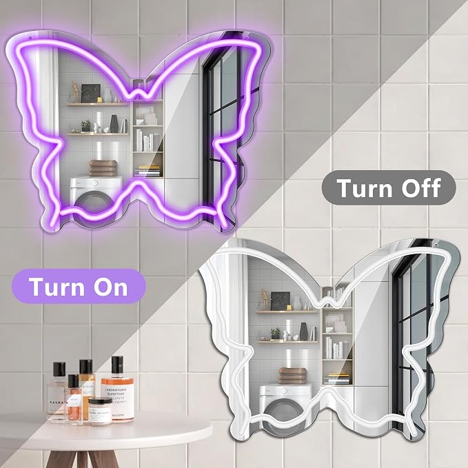 Butterfly Neon Sign Mirror, LED Neon Signs for Wall Decor, 15.7'' x 12'' Dimmable Neon Light for Teen Girls & Kids Birthday Party Gift, Neon Sign for Bedroom Decor, Wall Mirror, USB Powered (Purple)