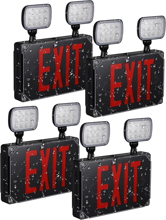 LEONLITE 4-Pack Wet Location LED Exit Sign with Emergency Lights Black | UL Listed, AC 120/277V, Outdoor Hardwired Red Letter Exit Light with Battery Backup, 2 Dual Heads, Double Face
