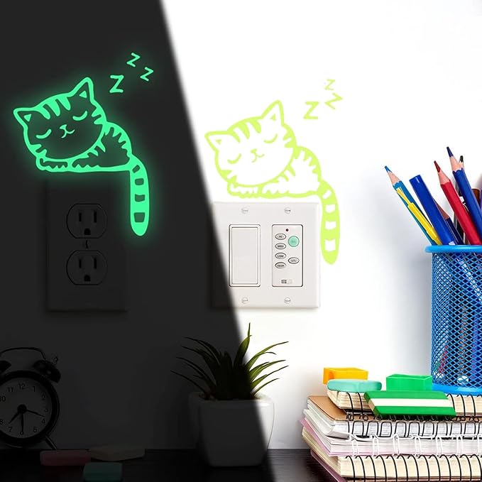 4 Pcs Cute Cartoon Switch Labels cat & Dog Puppy,Glow in The Dark Light Switch Cover Set,Light Switch Labels Stickers for House, Luminous pet Wall Decals for Bedroom,Art Mural Paste