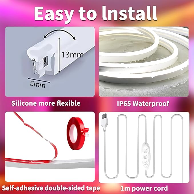 5V Neon Rope Lights，10ft RGB LED Strip Lights with App Control | Music Sync Flexible DIY Design, Neon Strip Lights for Bedroom,Living Room,Gaming,and Party Decoration(with Adhesive Backing)