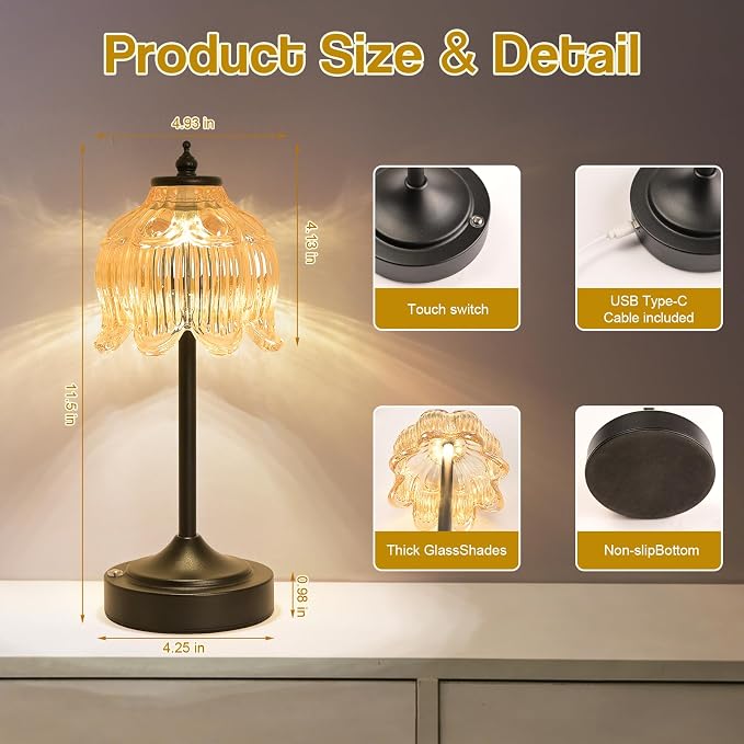 Cordless Table Lamp, Rechargeable Amber Glass Lotus Flower Lamp | 5200mAh touch lamp with 3 color modes and stepless dimming, battery operated lamp for nightstands and kitchen counters