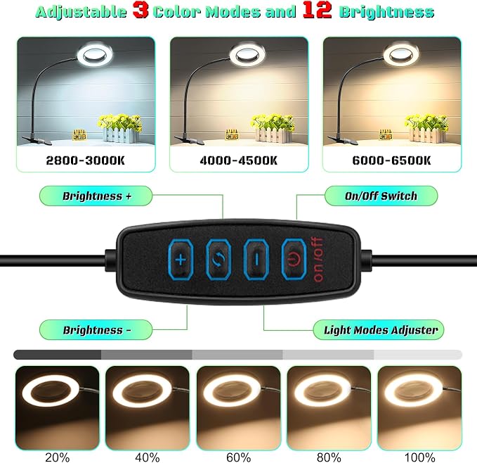 10X Magnifying Glass with Light, Clip on Mganifier with Light, 48 LED Desk Magnifying Glass wtih Clamp, 3 Modes Dimmable Magnifying LED Lamps for Bed Work Crafts DIY Repair Black