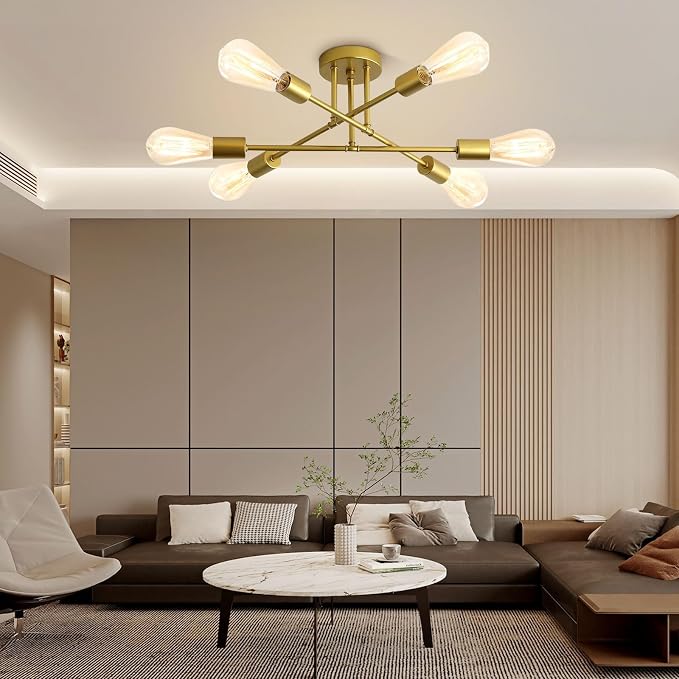 Chandelier, 6-Light Modern Sputnik Ceiling Light, Gold Metal Ceiling Light | Angle Adjustable Dining Room Light Fixture with E26 Base, Light Fixtures Ceiling Mount for Bedroom Living Room Kitchen