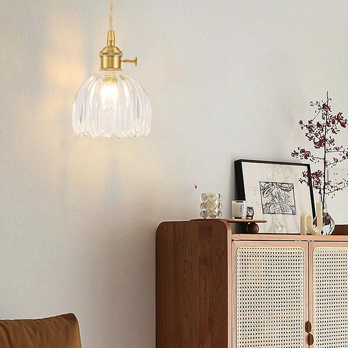 Mini Pendant Lights Kitchen island 3 Pack, Small Adjustable Pendant Light Fixture with Transparent Tulip Glass Lampshade, Vintage Gold Pendant Lighting, Pendant Light for Bedroom Dining Room Hallway