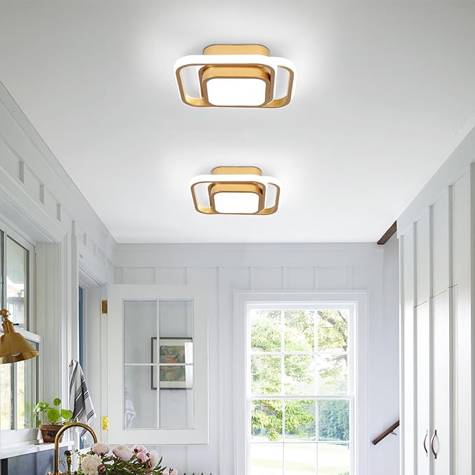 2 Packs Modern Led Ceiling Light Acrylic Square Small Ceiling Lamp Cool White 6000K Hallway Lighting Fixtures for Bedroom Kitchen Living Room Study Hallway Small Asile Lamp Corridor Lights (Gold)