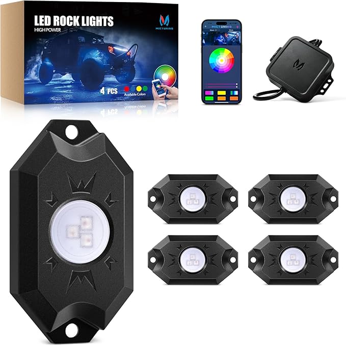 MICTUNING 2nd-Gen CM RGB Rock Lights - 4 Pods Waterproof Multicolor Neon Underglow Kit with Bluetooth App Control & Music Mode for Trucks Pickup UTV SUV ATV （2 Year Warranty）