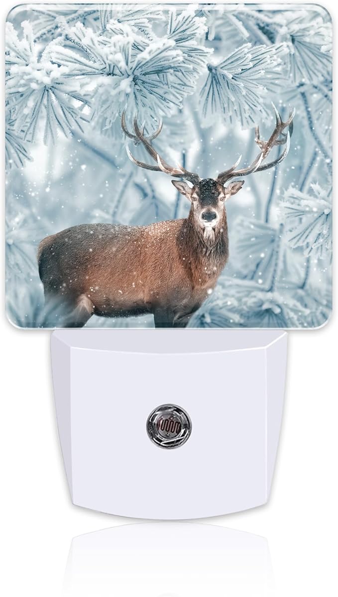 Red Deer in Winter Forest Night Light Plug into Wall, Beautiful Christmas Scenery Dusk to Dawn Night Light,0.5w Energy Saving Sleep Friendly Nightlights for Kids Boys Girls Home Decor