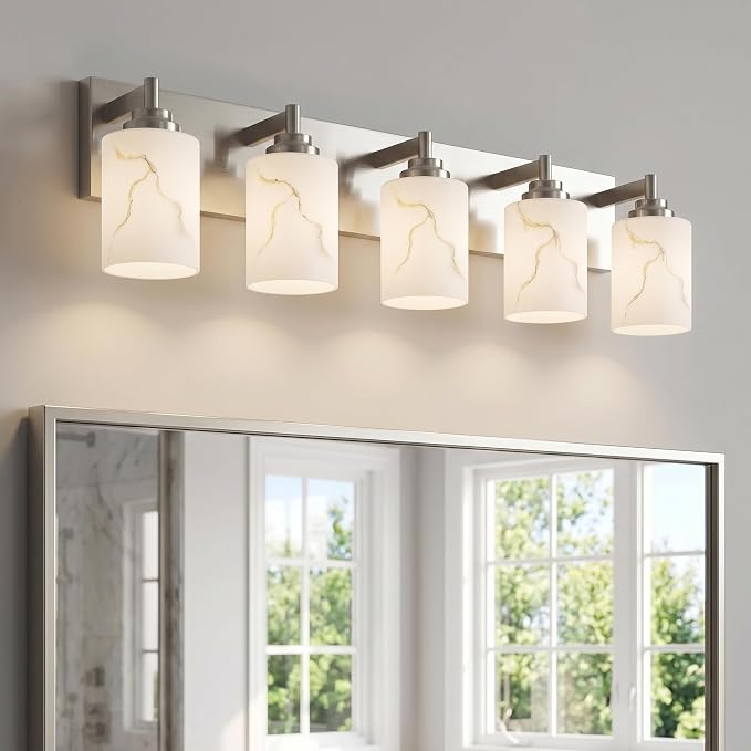 5-Light Bathroom Light Fixture, Brushed Nickel Modern Vanity Light with White Marble Glass Shade, for Bathroom Mirror, Living Room, Bedroom, Hallway, E26 Base, Extended Base