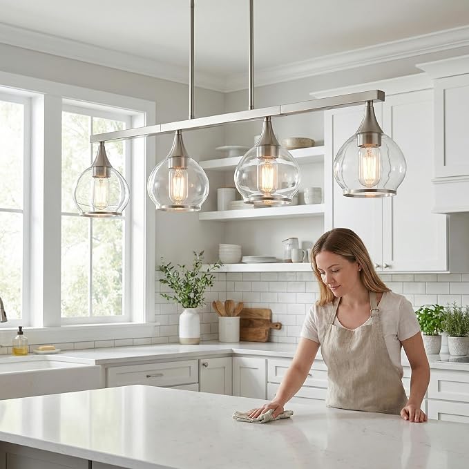 Kitchen Island Linear Pendant Light, 4-Light Brushed Nickeld Dining Room Chandelier with Clear Glass Globe Shades, Modern Linear Lighting Fixture Over Table