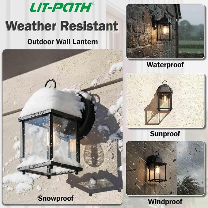 Outdoor Wall Light Fixture, Rustproof Aluminum, Clear Glass | Exterior Porch Light Wall Sconce Lantern for House, Patio, Garage, Waterproof, E26 Socket 60W Max, Black, 1 Pack