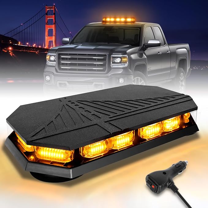 HLauto 406D Rooftop Emergency Strobe Lights Bar, 102 LED Amber Mini Beacon Safety Flashing Warning Traffic Lights Bar w/Magnetic Base for 12-24V Trucks, Construction Vehicles, Snowplow, Cars