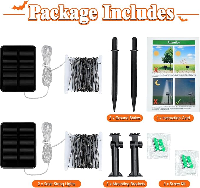 cshare Halloween Solar Fairy Lights 2 Pack 16.4FT 50LED Each, Orange Purple Green Halloween Lights Waterproof Outdoor Black Wire String Lights for Yard Porch Garden Fence Tree Decor