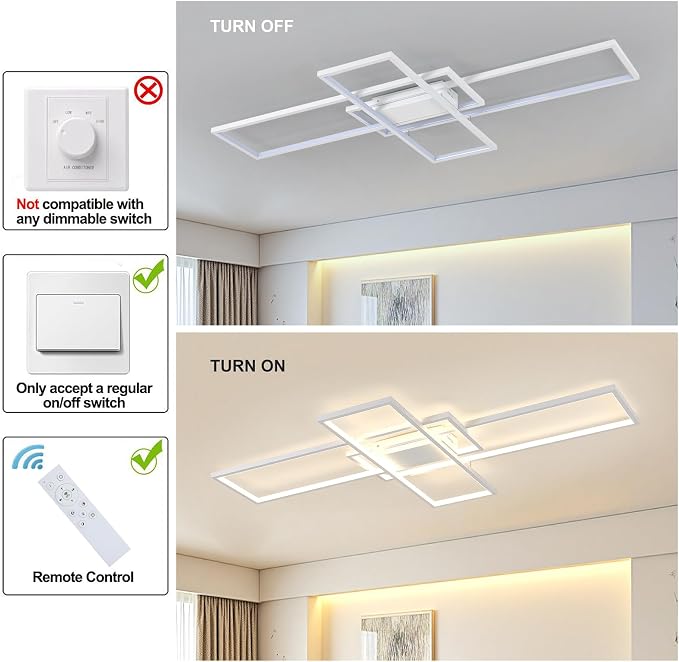 GEADI 60.2" Extra Large Modern LED Ceiling Light, Dimmable Chandelier | 112W White Geometric Flush Mount Ceiling Lamp with Remote, 3000K-6500K Dimming, Memory, Chandelier for Living Room