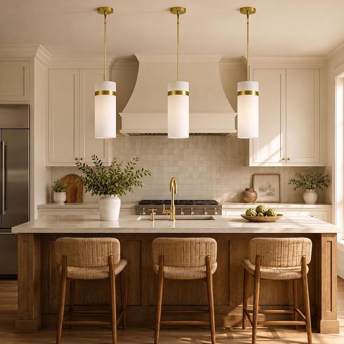 Handcrafted Brass Pendant Light Fixtures, 6 Inch Modern Large Frosted Glass Kitchen Pendant Lights, Hanging Island Lights, for Kitchen Island, Dining Room,Bedroom,Includes Bulb
