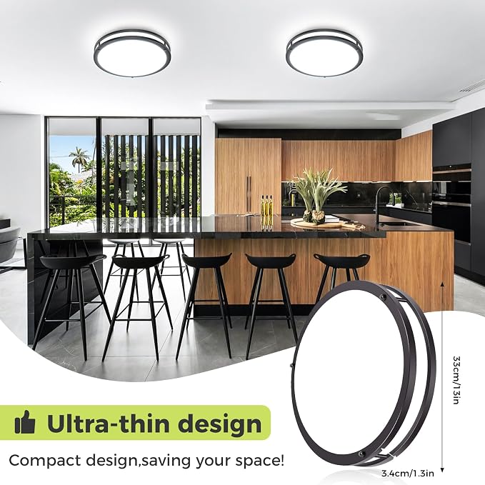 hepside 13inch Flush Mount Ceiling Light Fixture 2 Pack, Dimmable & 5 Color Temperatures Ceiling Light Black, 24W 3000K 3500K 4000K 5000K 6500K Adjustable Ceiling Lamps for Bathroom Bedroom Hallway