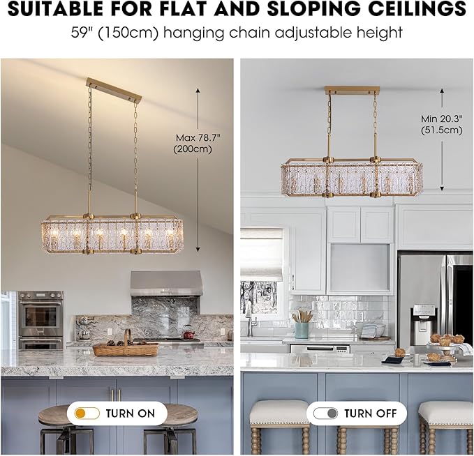 CROSSIO Gold Crystal Rectangle Chandelier, 40inch Large Rectangular Water Ripple Glass Island Light Fixture, Elegant Linear Lighting for Kitchen Island, Living Room