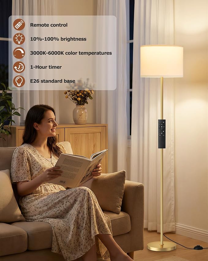 Dimmable Floor Lamp for Living Room with Remote, 9W 900LM LED Bulb Included, White Shade Gold Pole