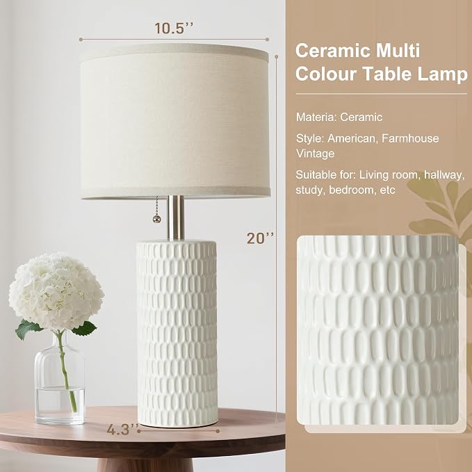 Reaketon 20.5" Modern Ceramic Table Lamps for Bedroom Set of 2, Bedside Lamps for Night Stands with Beige Lampshade, Farmhouse Table Lamp for Living Room Office Dorm, White
