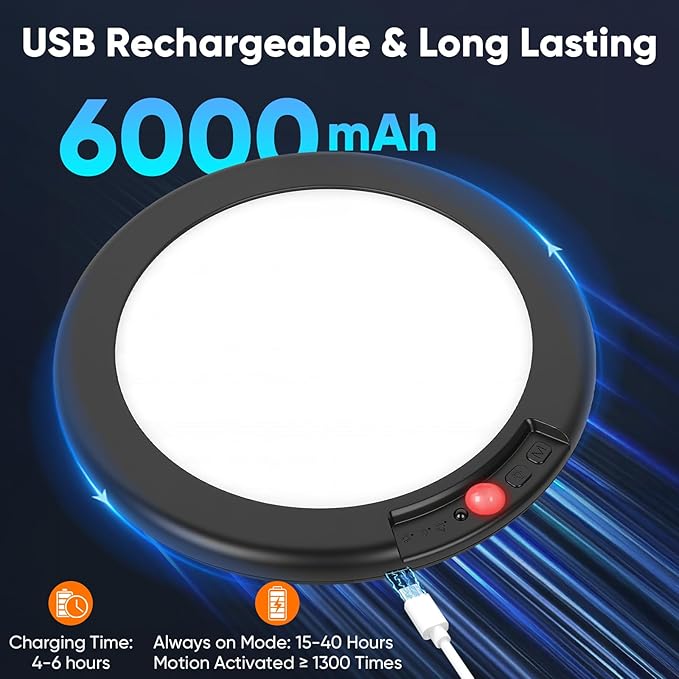 Rechargeable Motion Sensor Ceiling Light, Battery Operated Closet Light | Wireless Battery Powered LED Shower Light, Magnetic Cordless Ceiling Light with Remote, Overhead Lamp for Pantry Shed, Black
